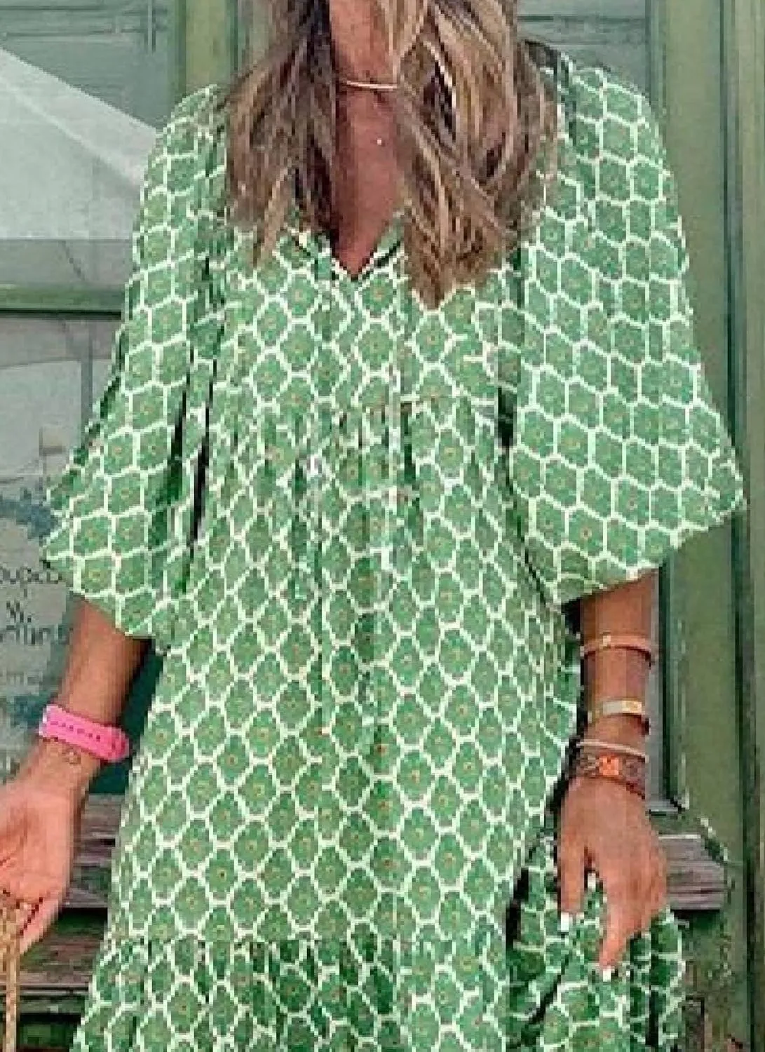 Women's Casual Loose Bohemian V Neck 3/4 Sleeve Maxi Dress Summer Geometric Pattern Beach Dresses Boho Long Sundress