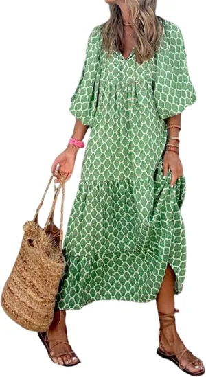 Women's Casual Loose Bohemian V Neck 3/4 Sleeve Maxi Dress Summer Geometric Pattern Beach Dresses Boho Long Sundress