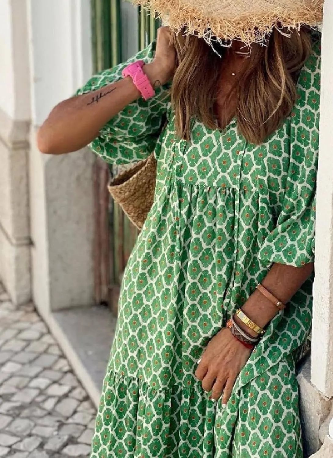 Women's Casual Loose Bohemian V Neck 3/4 Sleeve Maxi Dress Summer Geometric Pattern Beach Dresses Boho Long Sundress