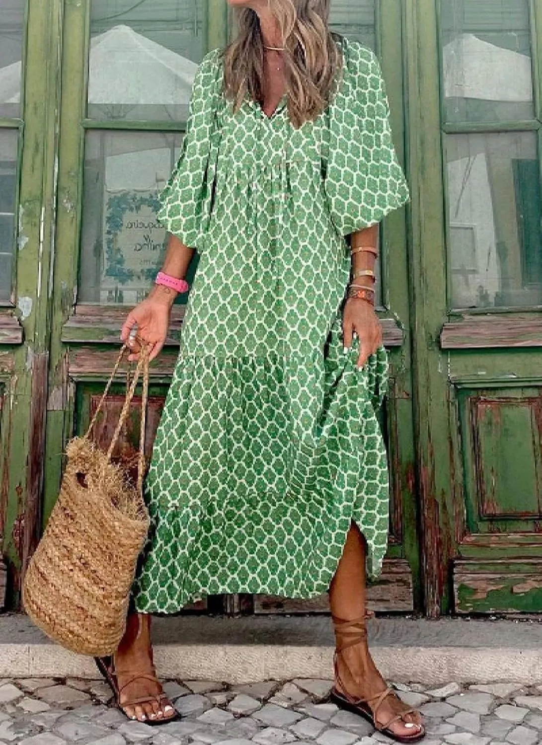 Women's Casual Loose Bohemian V Neck 3/4 Sleeve Maxi Dress Summer Geometric Pattern Beach Dresses Boho Long Sundress
