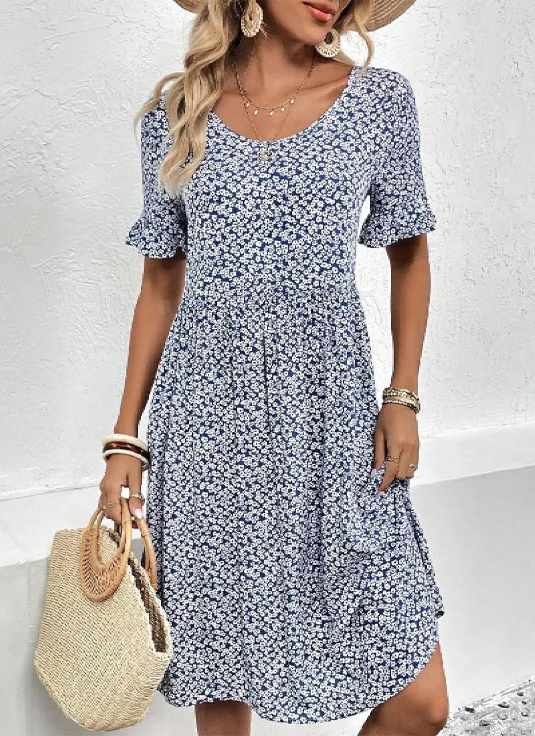 Women's Casual Summer Dresses Spring Crewneck Ruffle Short Sleeve Floral Print Mini Dress Smocked Boho Flowy Sundress