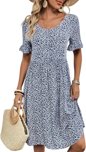 Women's Casual Summer Dresses Spring Crewneck Ruffle Short Sleeve Floral Print Mini Dress Smocked Boho Flowy Sundress