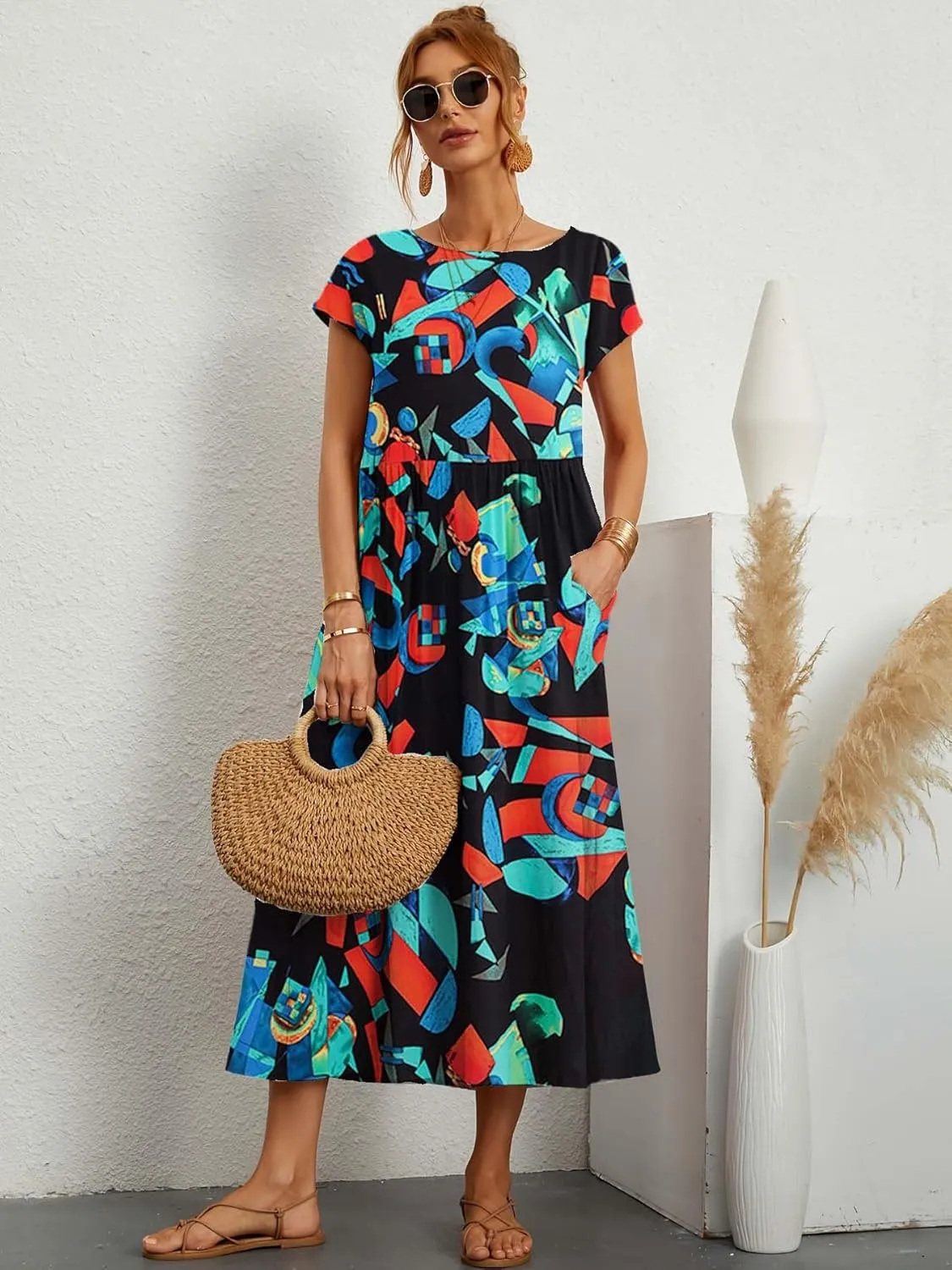 Womens Cotton Linen Boho Floral Maxi Dress Summer Short Sleeve Beach Vacation Flowy Long Dresses with Pockets
