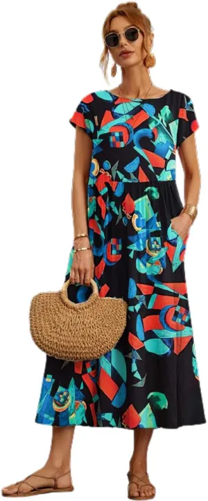 Womens Cotton Linen Boho Floral Maxi Dress Summer Short Sleeve Beach Vacation Flowy Long Dresses with Pockets