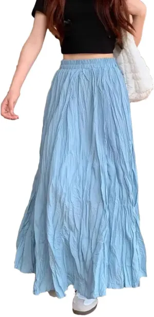 Womens Elegant Stretch A-Line Pleated Long Skirt Solid Color Large Hem Ankle-Length Skirts