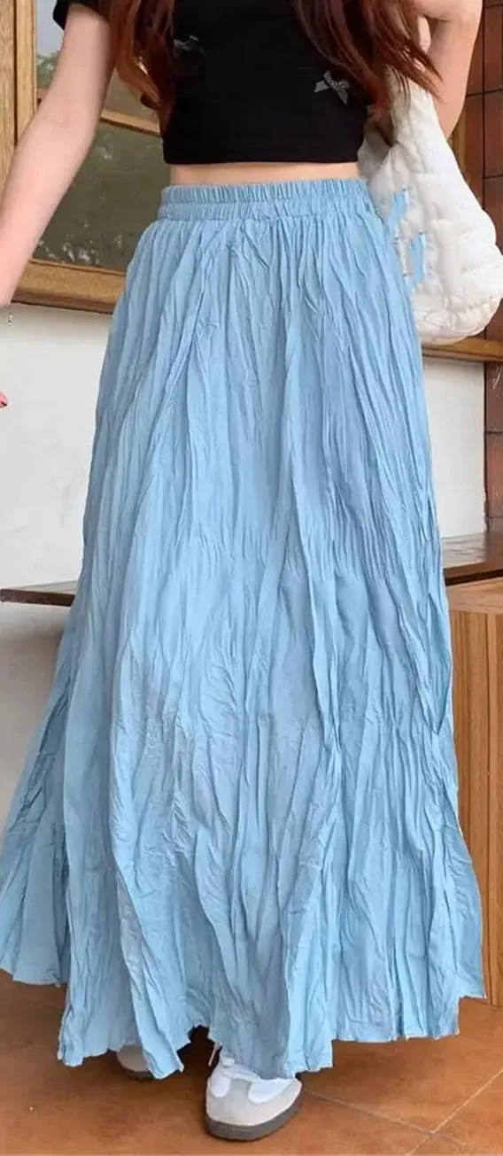 Womens Elegant Stretch A-Line Pleated Long Skirt Solid Color Large Hem Ankle-Length Skirts