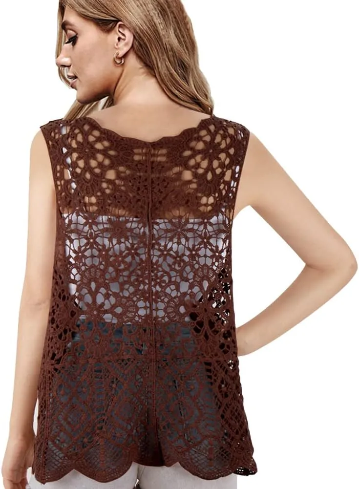 Womens Floral Crochet Lace Boho Trim Sleeveless Open Front Vest Cardigan