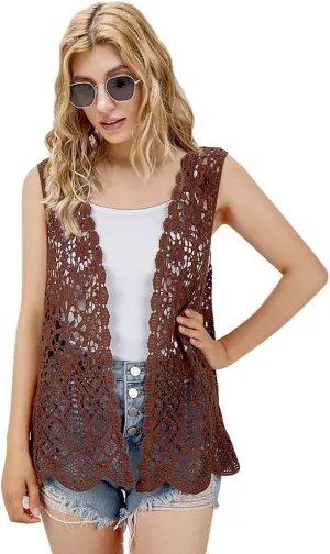 Womens Floral Crochet Lace Boho Trim Sleeveless Open Front Vest Cardigan