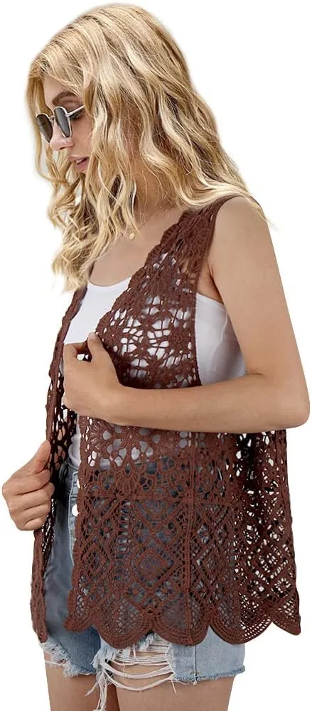 Womens Floral Crochet Lace Boho Trim Sleeveless Open Front Vest Cardigan