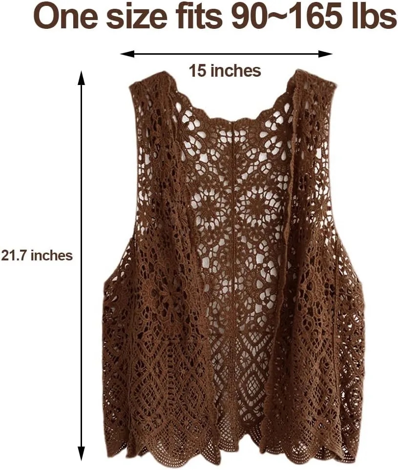 Womens Floral Crochet Lace Boho Trim Sleeveless Open Front Vest Cardigan