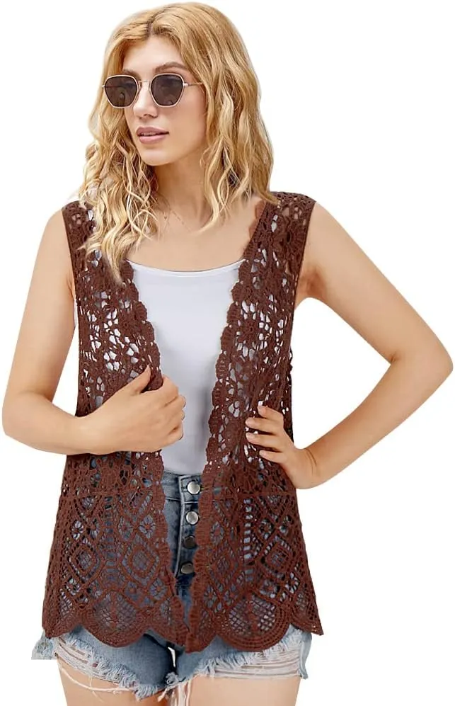 Womens Floral Crochet Lace Boho Trim Sleeveless Open Front Vest Cardigan