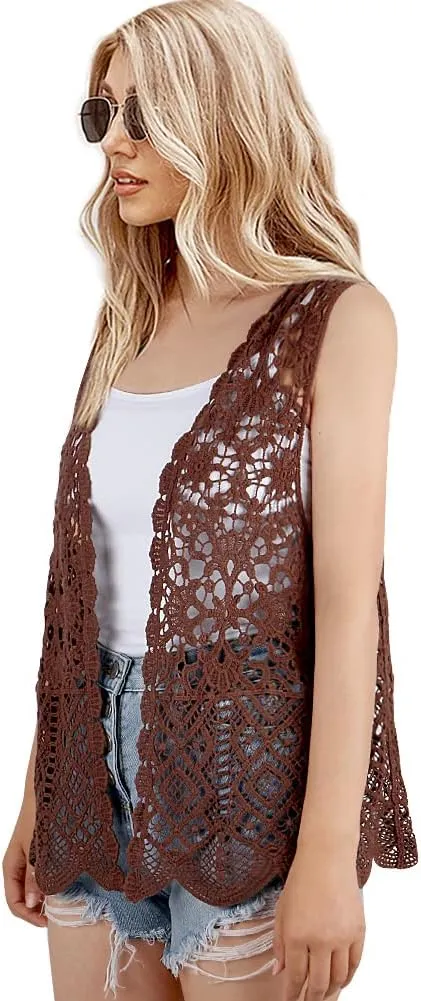 Womens Floral Crochet Lace Boho Trim Sleeveless Open Front Vest Cardigan