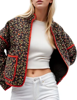 Womens Floral Quilted Jackets Lightweight Cropped Button Down Padded Puffer Jacket Winter Warm Coats