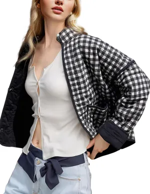 Womens Floral Quilted Jackets Lightweight Cropped Button Down Padded Puffer Jacket Winter Warm Coats