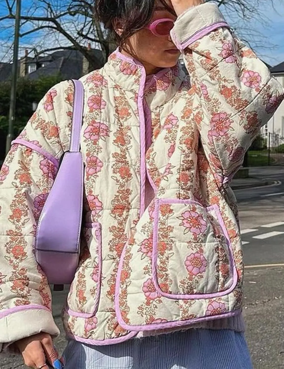 Womens Floral Quilted Jackets Lightweight Cropped Button Down Padded Puffer Jacket Winter Warm Coats
