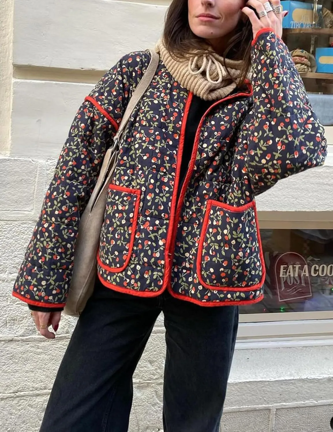 Womens Floral Quilted Jackets Lightweight Cropped Button Down Padded Puffer Jacket Winter Warm Coats