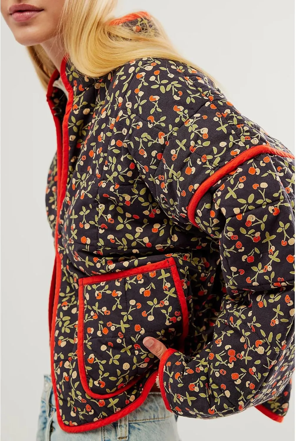 Womens Floral Quilted Jackets Lightweight Cropped Button Down Padded Puffer Jacket Winter Warm Coats