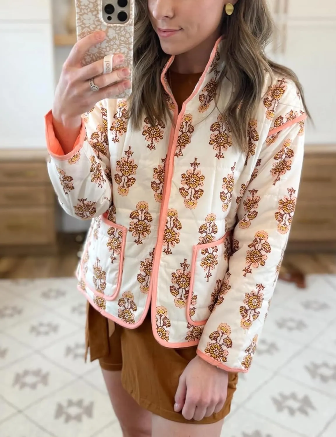 Womens Floral Quilted Jackets Lightweight Cropped Button Down Padded Puffer Jacket Winter Warm Coats