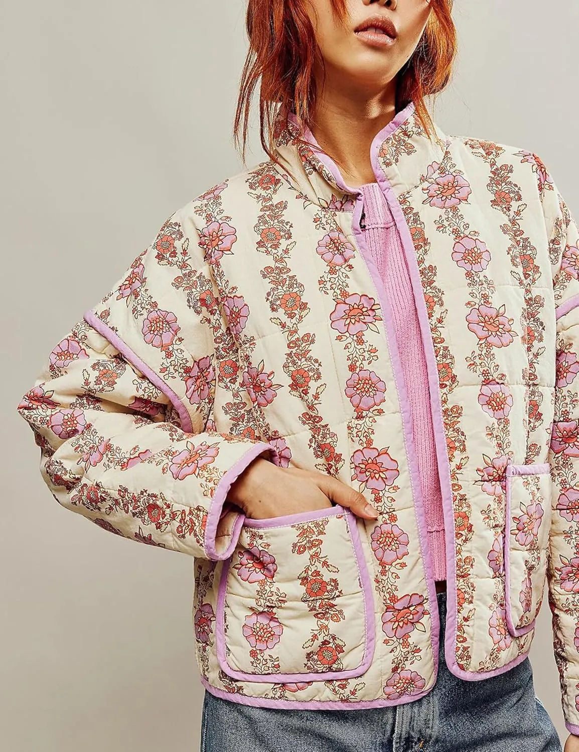 Womens Floral Quilted Jackets Lightweight Cropped Button Down Padded Puffer Jacket Winter Warm Coats