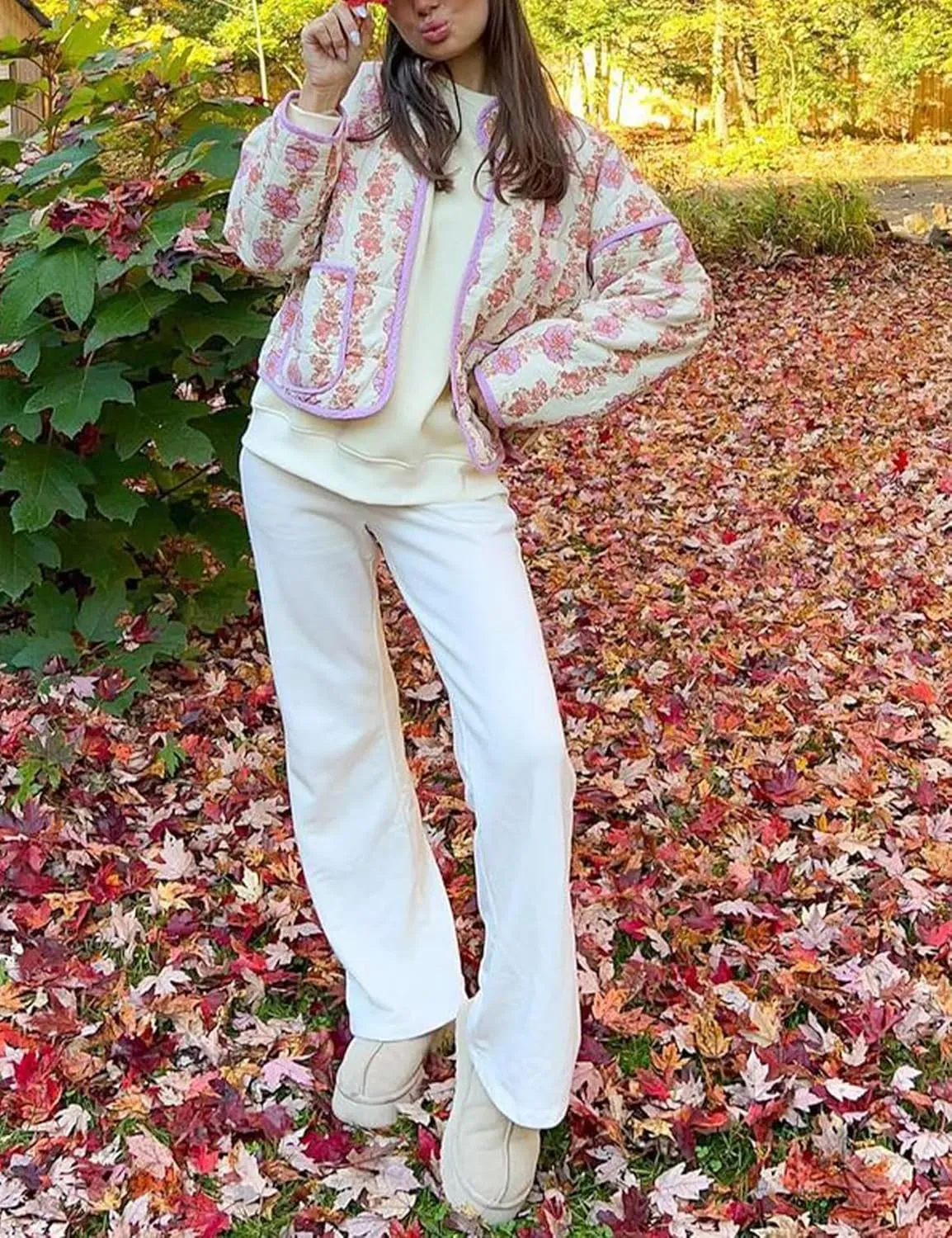 Womens Floral Quilted Jackets Lightweight Cropped Button Down Padded Puffer Jacket Winter Warm Coats