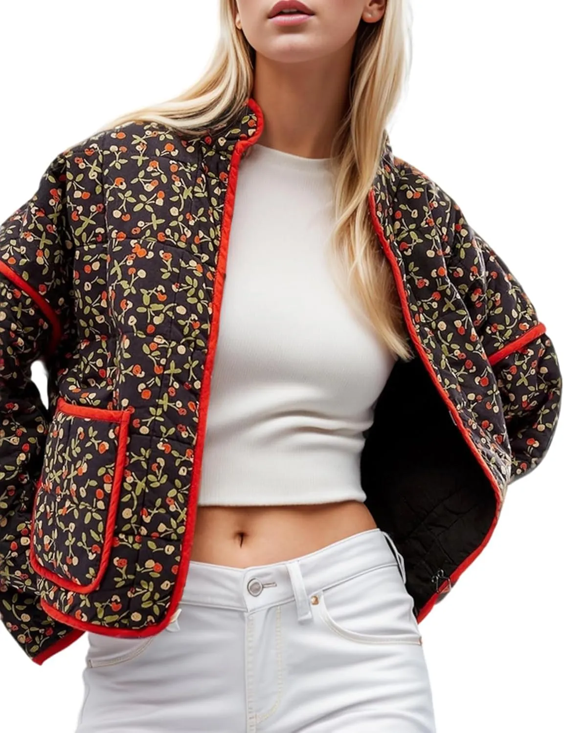 Womens Floral Quilted Jackets Lightweight Cropped Button Down Padded Puffer Jacket Winter Warm Coats