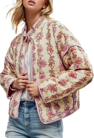 Womens Floral Quilted Jackets Lightweight Cropped Button Down Padded Puffer Jacket Winter Warm Coats