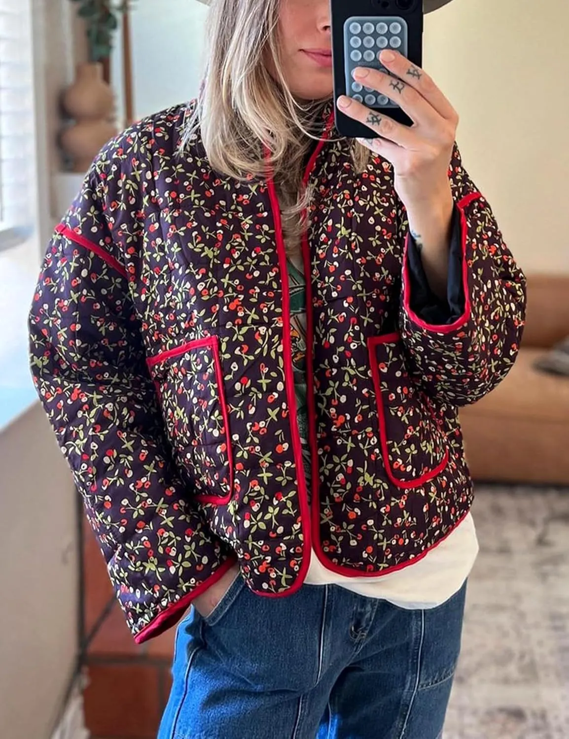 Womens Floral Quilted Jackets Lightweight Cropped Button Down Padded Puffer Jacket Winter Warm Coats