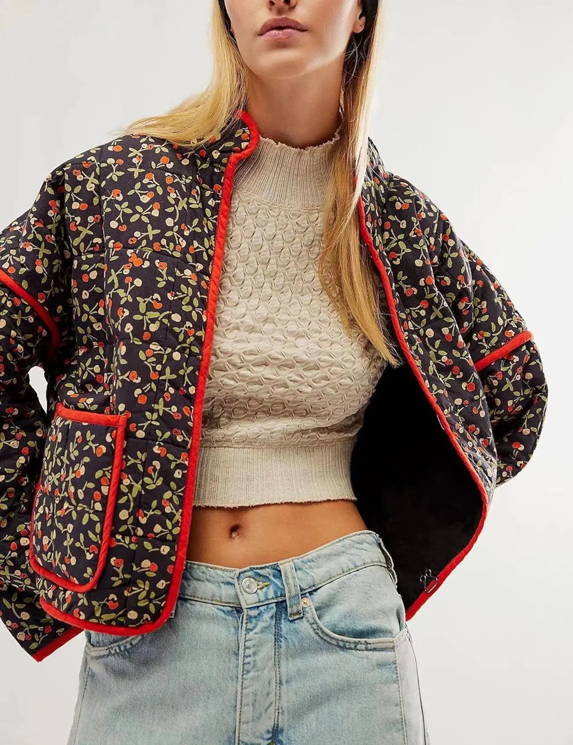 Womens Floral Quilted Jackets Lightweight Cropped Button Down Padded Puffer Jacket Winter Warm Coats