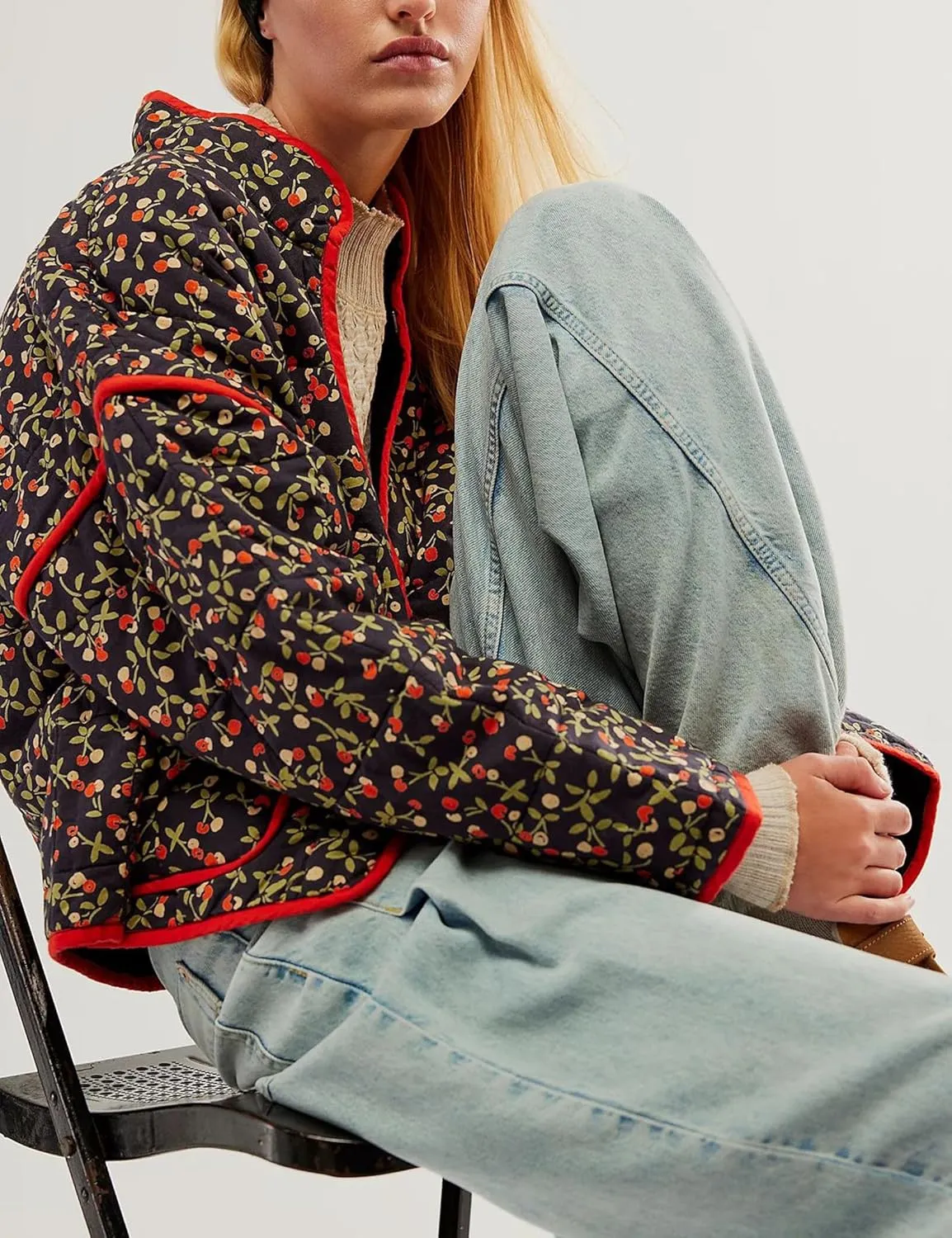 Womens Floral Quilted Jackets Lightweight Cropped Button Down Padded Puffer Jacket Winter Warm Coats