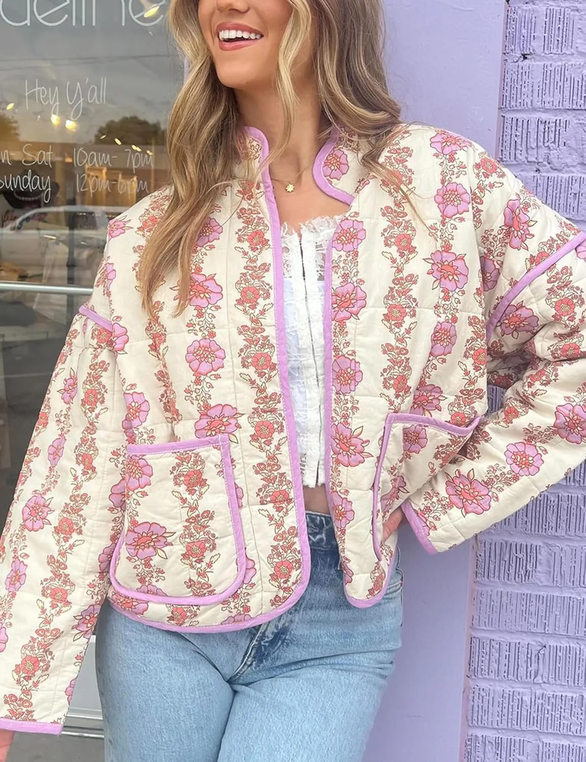 Womens Floral Quilted Jackets Lightweight Cropped Button Down Padded Puffer Jacket Winter Warm Coats