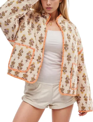 Womens Floral Quilted Jackets Lightweight Cropped Button Down Padded Puffer Jacket Winter Warm Coats
