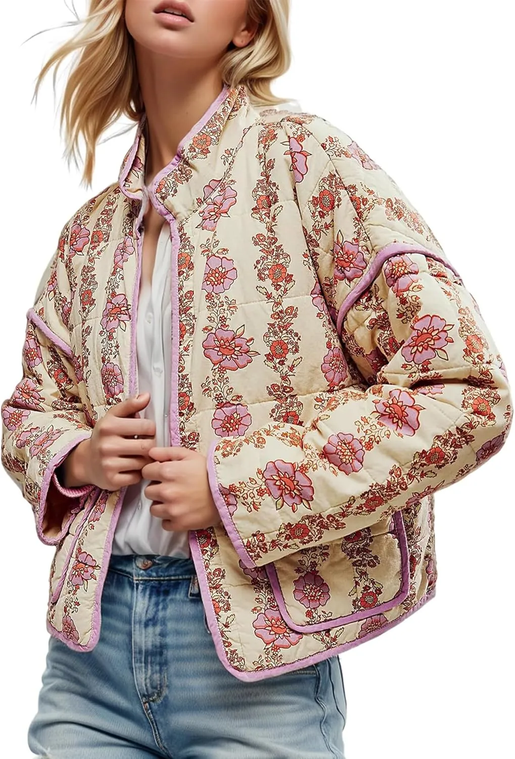 Womens Floral Quilted Jackets Lightweight Cropped Button Down Padded Puffer Jacket Winter Warm Coats