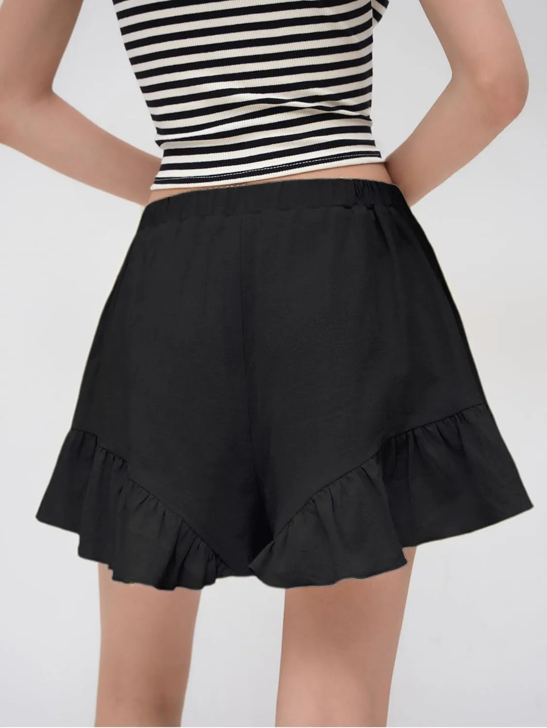 Womens Flowy Ruffle Boho Wrap Skirts Elastic Waist Shorts Knotted Mini Skorts