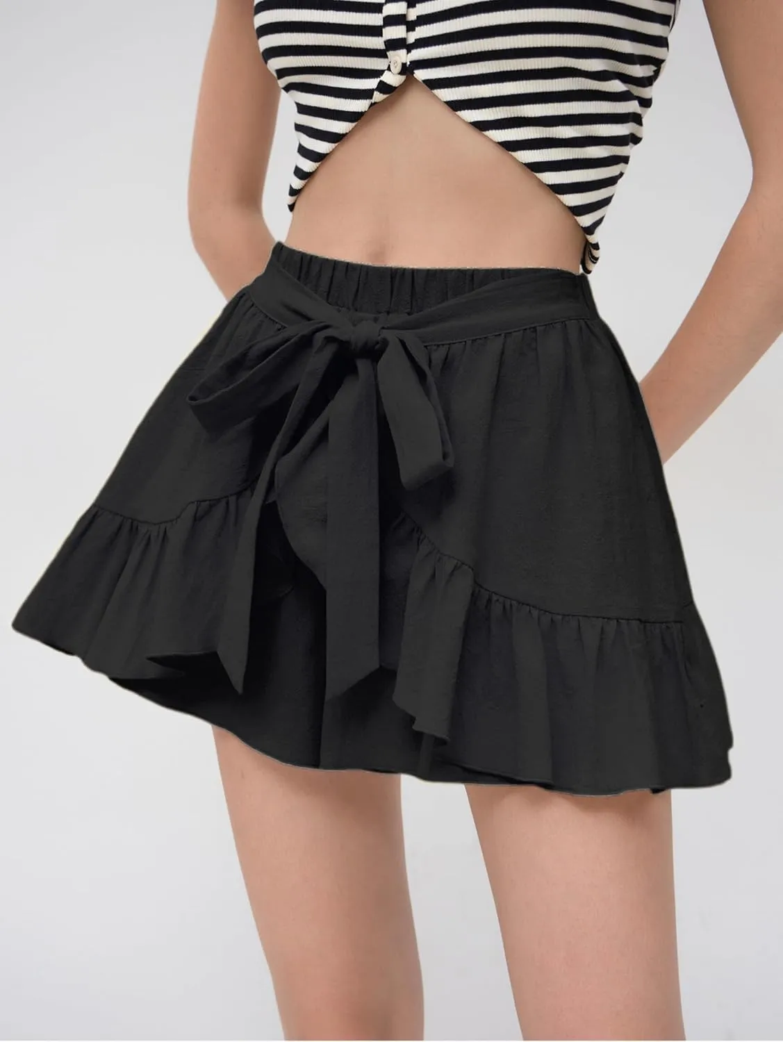 Womens Flowy Ruffle Boho Wrap Skirts Elastic Waist Shorts Knotted Mini Skorts
