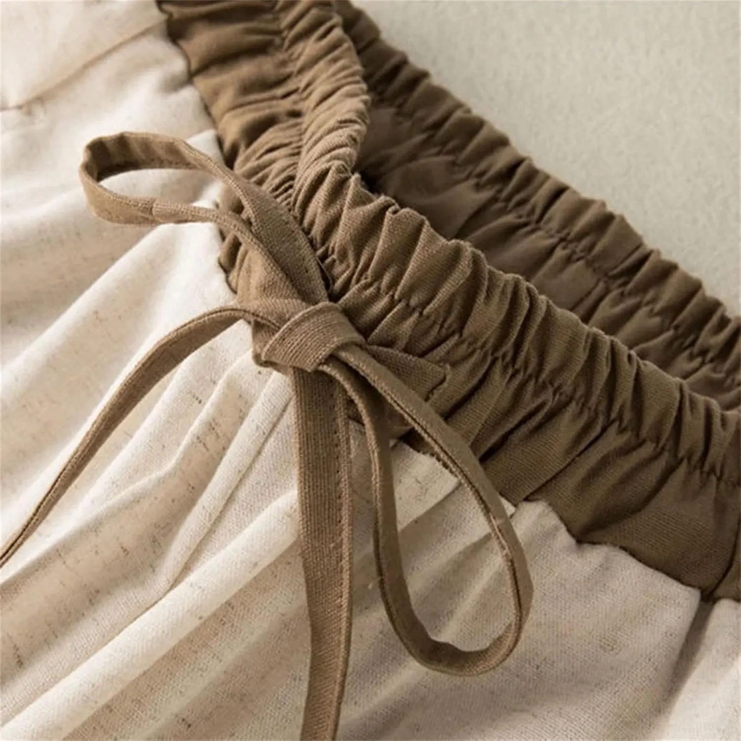 Women's High Waist Lace-Up Loose Elastic Pants Spring Summer Cotton Linen Ankle-Length Harem Pants