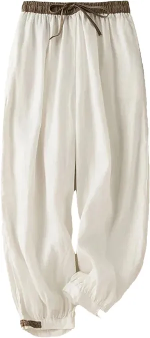 Women's High Waist Lace-Up Loose Elastic Pants Spring Summer Cotton Linen Ankle-Length Harem Pants