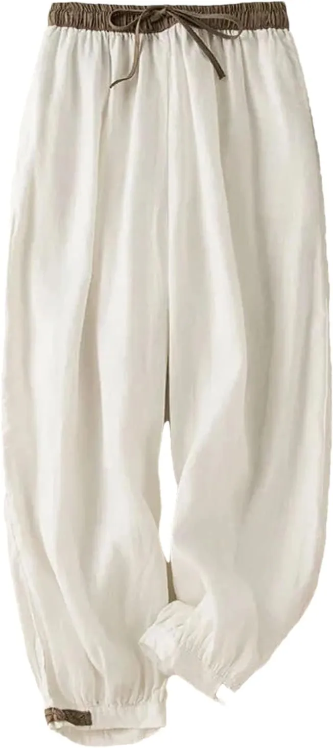 Women's High Waist Lace-Up Loose Elastic Pants Spring Summer Cotton Linen Ankle-Length Harem Pants