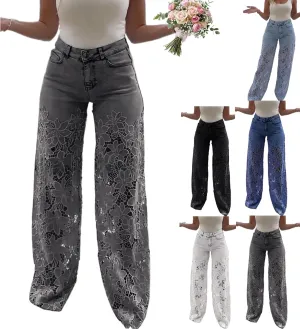 Women's Lace Patchwork Hollow Jeans, Casual Vintage Baggy Straight Wide Leg Denim Pants, Floral Hollow Out Pants