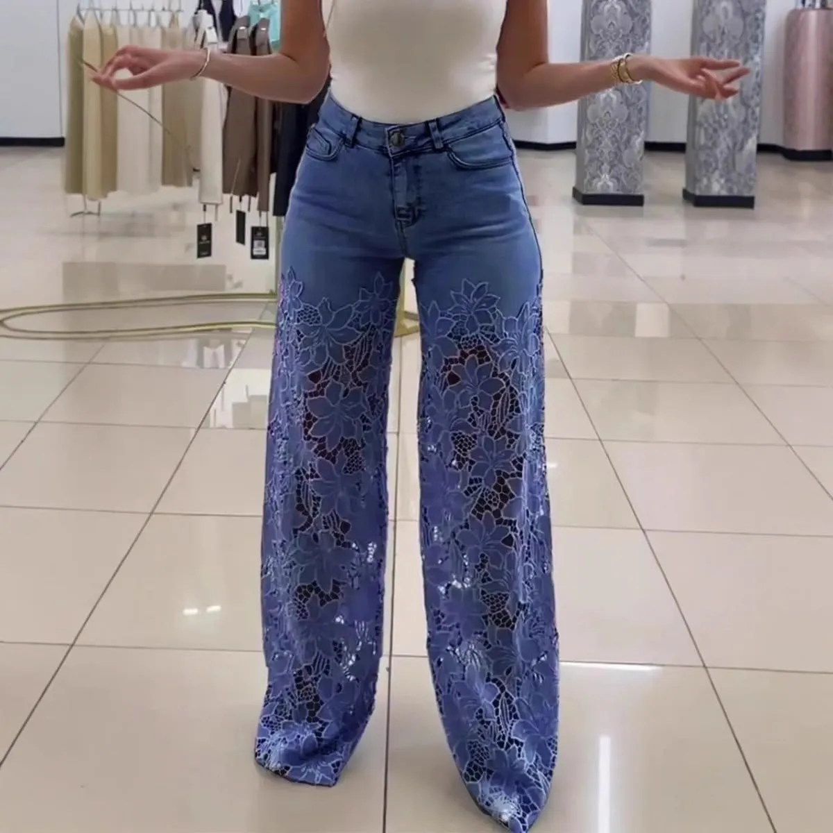 Women's Lace Patchwork Hollow Jeans, Casual Vintage Baggy Straight Wide Leg Denim Pants, Floral Hollow Out Pants