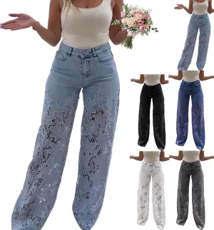Women's Lace Patchwork Hollow Jeans, Casual Vintage Baggy Straight Wide Leg Denim Pants, Floral Hollow Out Pants