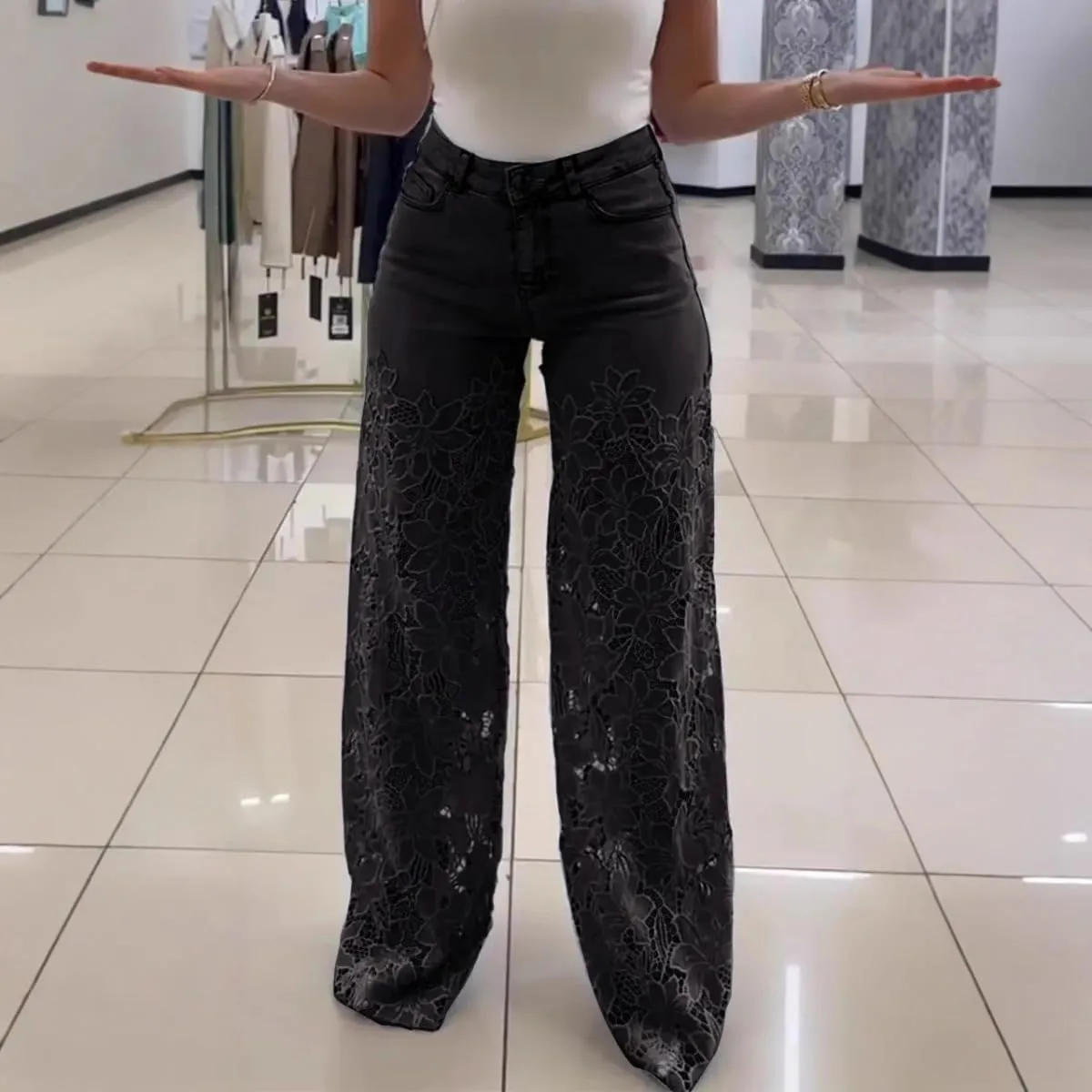 Women's Lace Patchwork Hollow Jeans, Casual Vintage Baggy Straight Wide Leg Denim Pants, Floral Hollow Out Pants