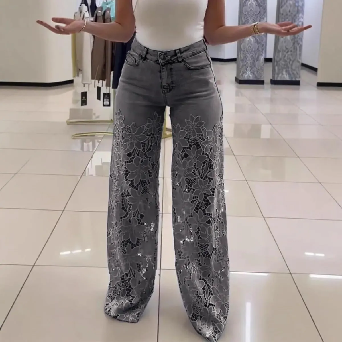 Women's Lace Patchwork Hollow Jeans, Casual Vintage Baggy Straight Wide Leg Denim Pants, Floral Hollow Out Pants