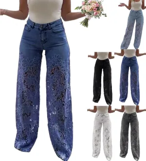 Women's Lace Patchwork Hollow Jeans, Casual Vintage Baggy Straight Wide Leg Denim Pants, Floral Hollow Out Pants