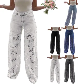 Women's Lace Patchwork Hollow Jeans, Casual Vintage Baggy Straight Wide Leg Denim Pants, Floral Hollow Out Pants