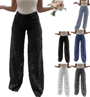 Women's Lace Patchwork Hollow Jeans, Casual Vintage Baggy Straight Wide Leg Denim Pants, Floral Hollow Out Pants