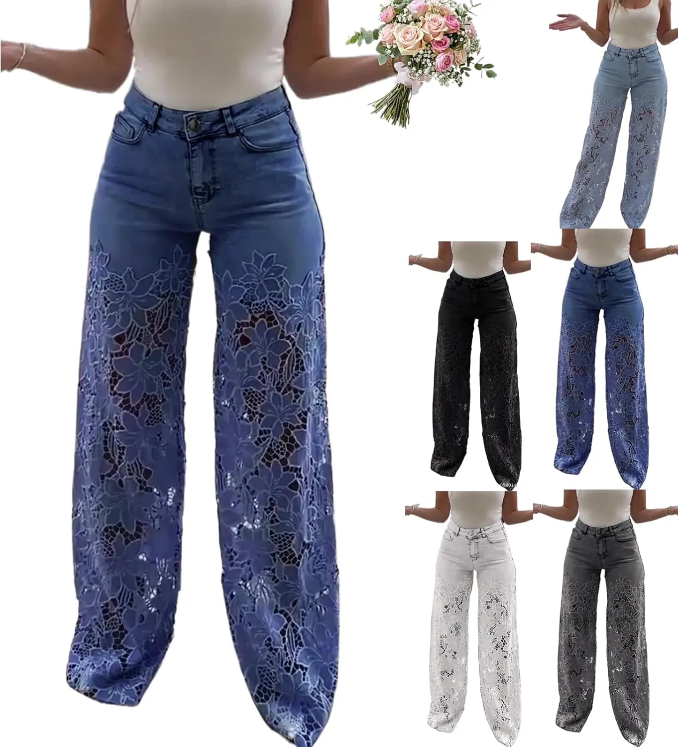 Women's Lace Patchwork Hollow Jeans, Casual Vintage Baggy Straight Wide Leg Denim Pants, Floral Hollow Out Pants