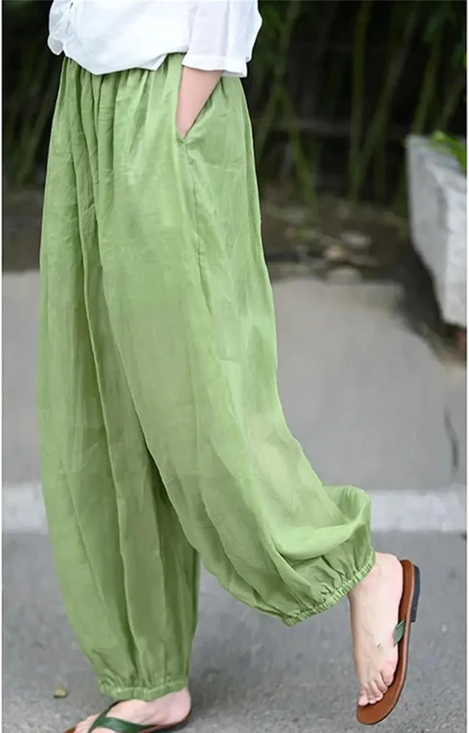 Women's Loose Cotton Linen Harem Pants Summer Elastic Waist Casual Trousers