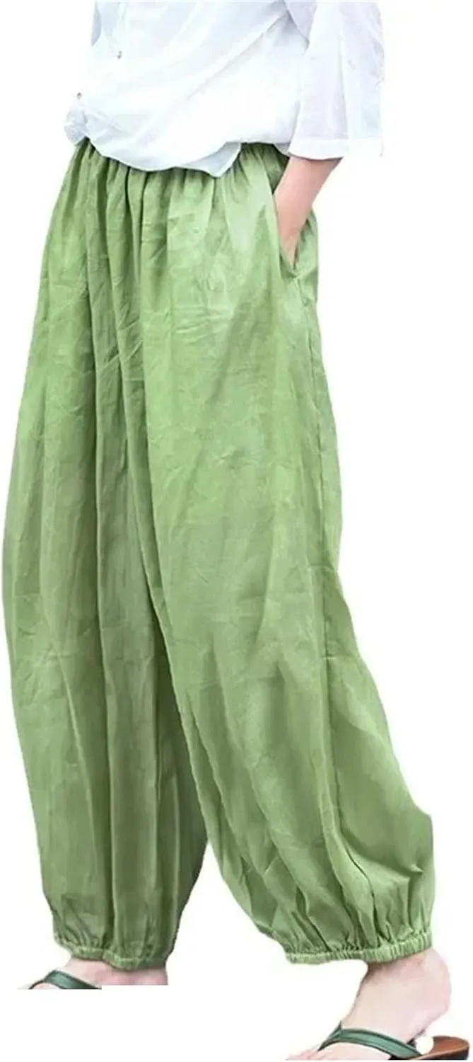 Women's Loose Cotton Linen Harem Pants Summer Elastic Waist Casual Trousers