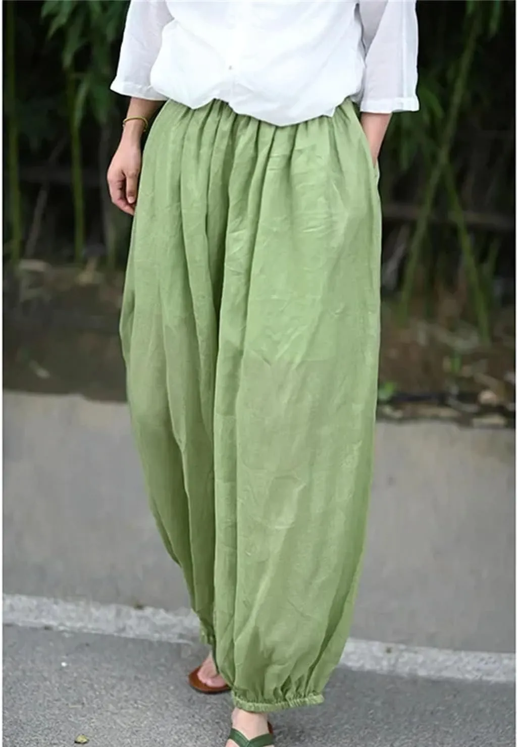 Women's Loose Cotton Linen Harem Pants Summer Elastic Waist Casual Trousers