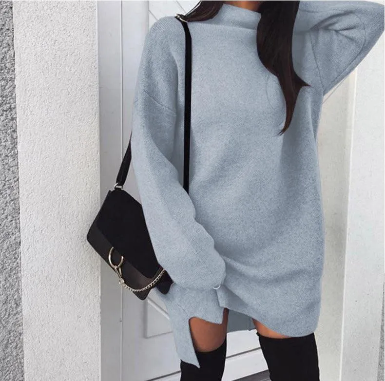 Women's loose knit high neck split dress